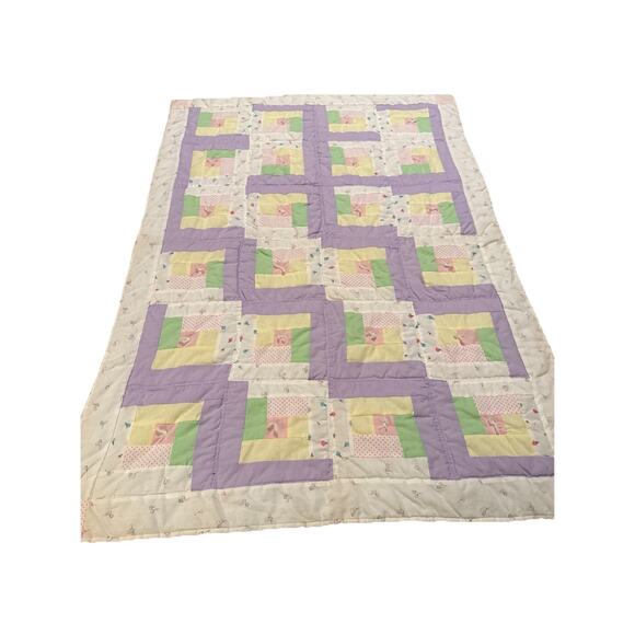Handmade Other - Vintage Pastel Log Cabin Style Crib Quilt. Handmade 34x47 Hand Stitched Quilted